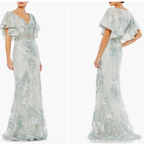 MAC DUGGAL 67842 BELL SLEEVE FLORAL EMBELLISHED SEAFOAM GOWN sz 6 - Picture 1 of 3